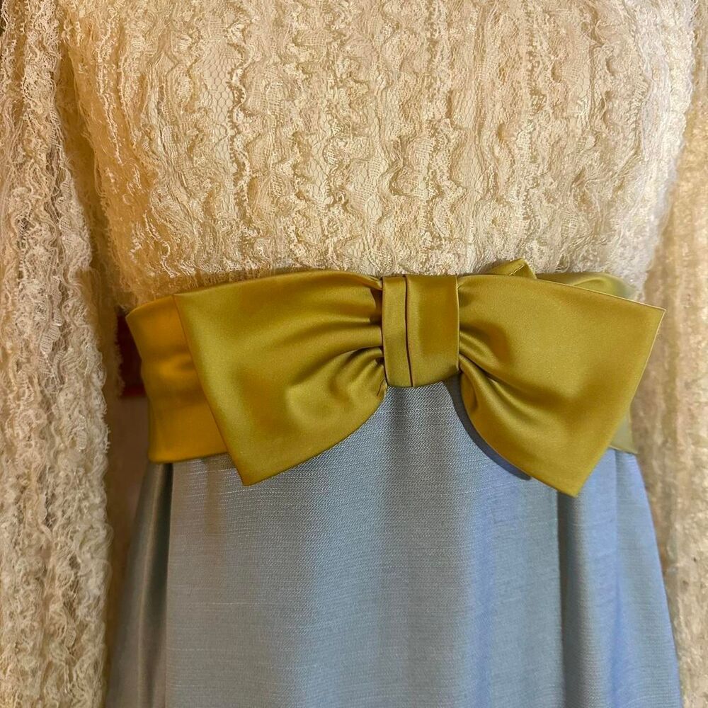 60s Lace Blue, Chartreuse w/ Creme Empire Waist w/Satin Bow Belted Prairie Dress - Picture 3 of 7